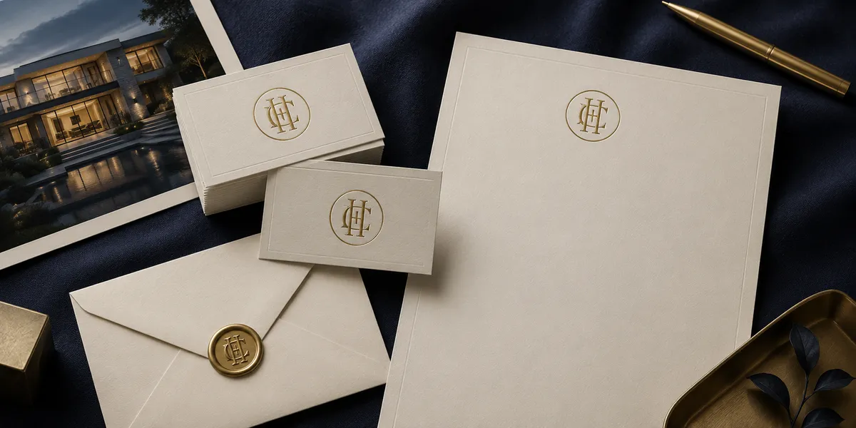 Méridien Estates stationery with gold monogram